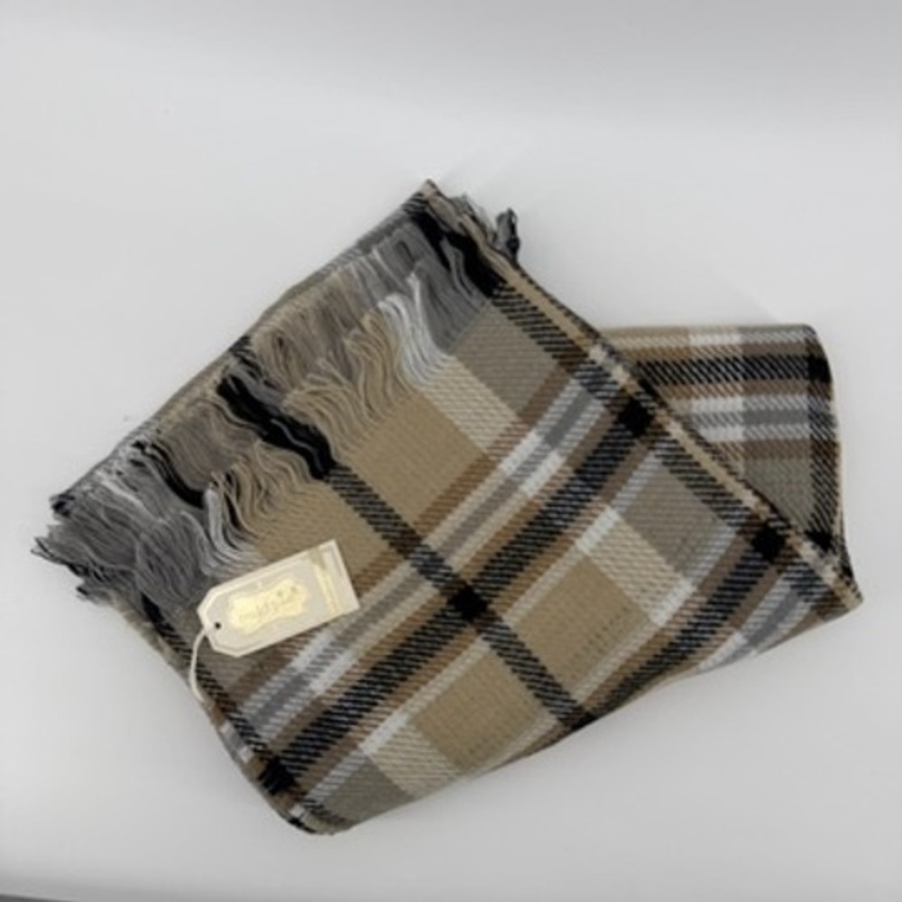 Mud Pie Plaid Blanket Scarf Tan Gray Fringe Reversible Oversized Wrap NWT